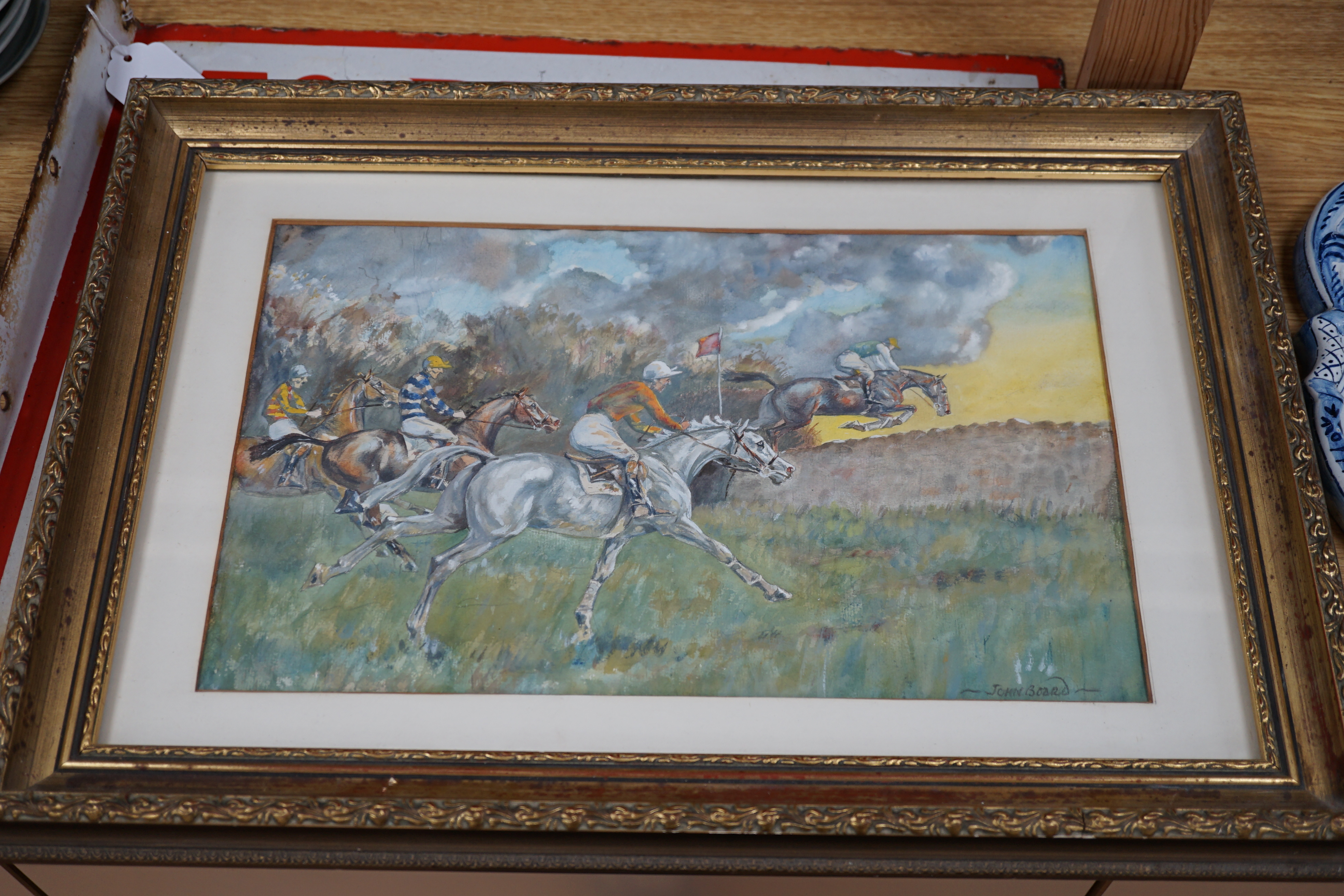 John Broad, watercolour, Steeplechasing, signed, 22 x 35cm, gilt framed. Condition - fair, rippling to the paper